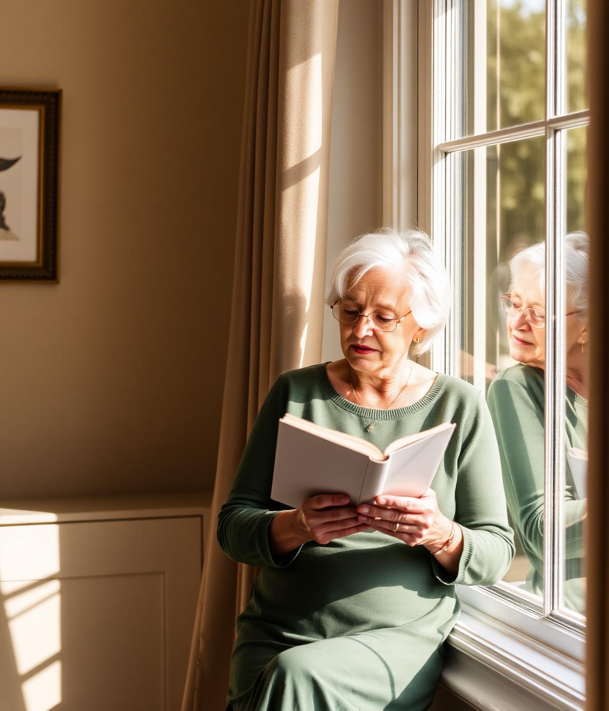 A senior woman reading peacefully by a sunlit window