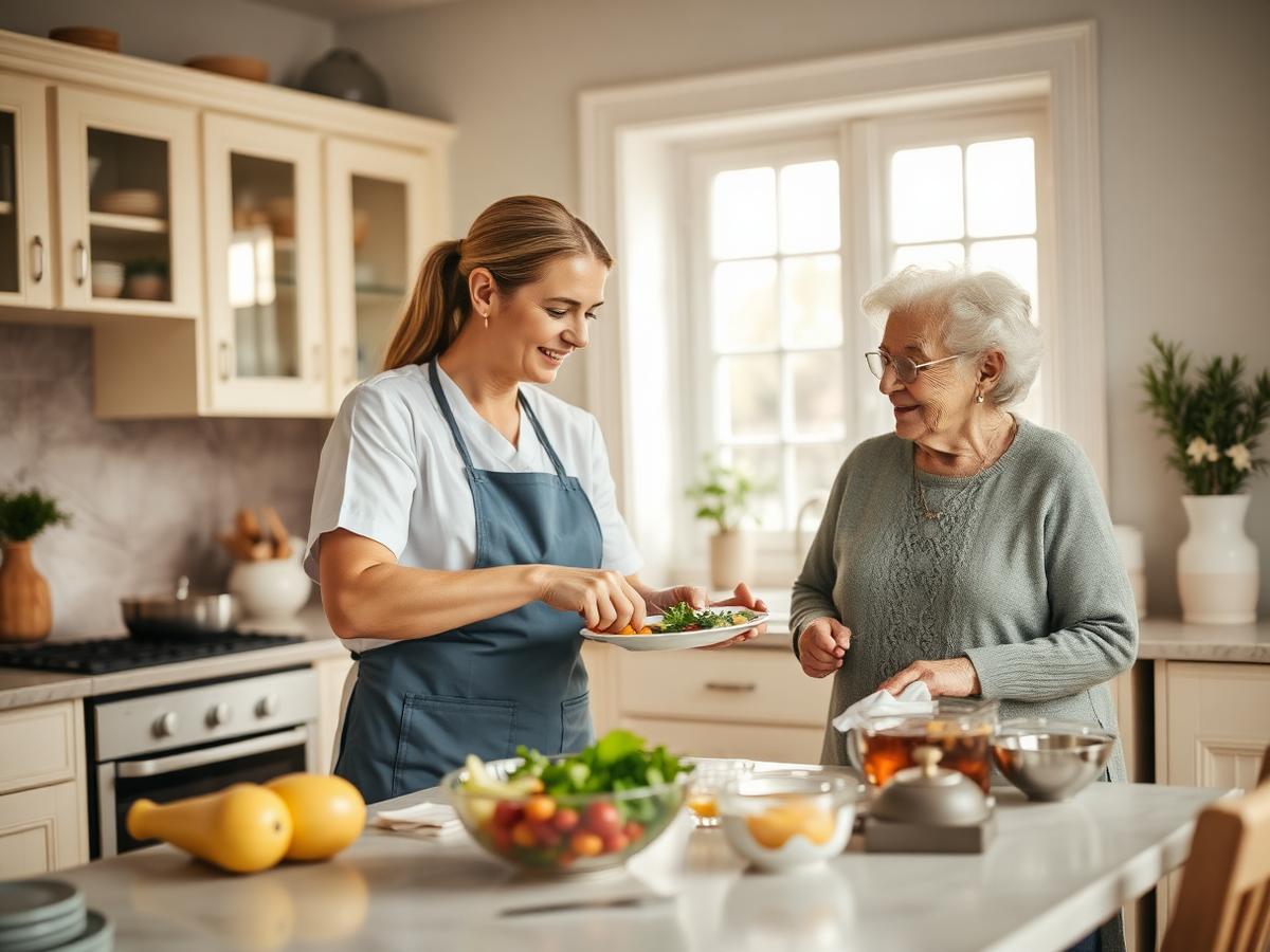 A caregiver preparing a fresh meal alongside a senior client
